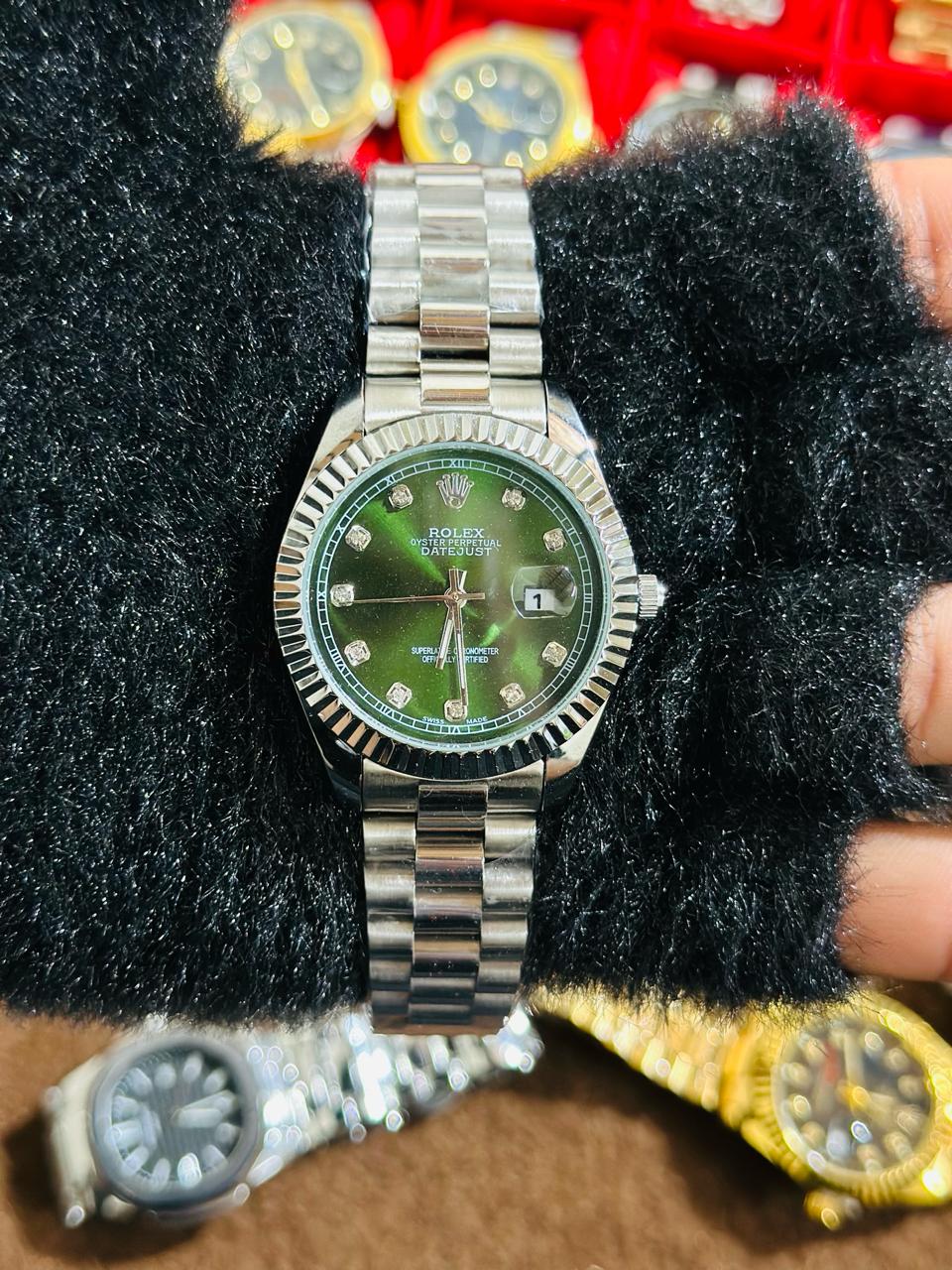 Silver + Green (Bezel Cut) Date Just | Stainless Steel