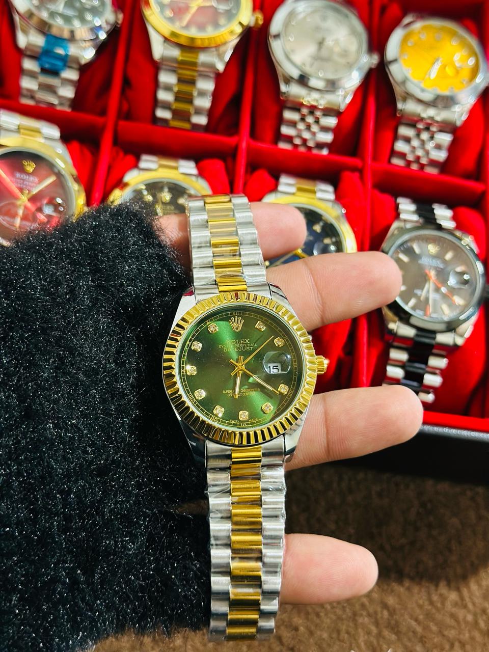 Gold Silver + Green (Bezel Cut) Date Just | Stainless Steel