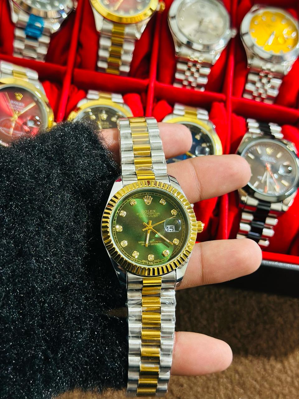 Gold Silver + Green (Bezel Cut) Date Just | Stainless Steel